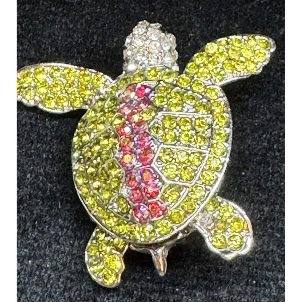 Vintage Sea Turtle Rhinestone Brooch Green Pink Crystal‎ Figural Animal Jewelry